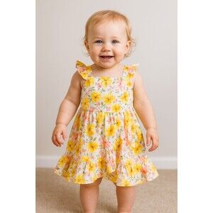 🌸 Janie and Jack Primrose Yellow Pink Floral Ruffle Dress, Size 12-18 Months